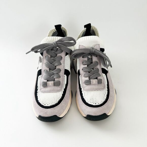 Chanel CC Tennis Shoes Suede Knit Trainer Sneaker Eu 38 US 7-7.5 - Picture 3 of 12